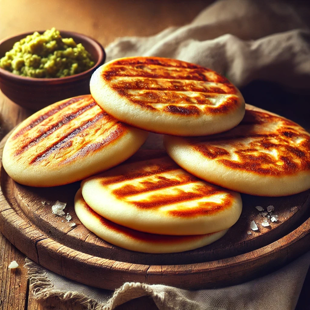 Imagem de arepas tradicionais dispostas sobre uma tábua de madeira rústica. As arepas estão douradas, com uma leve crocância na superfície. Todas as arepas estão inteiras, sem cortes. Ao fundo, há uma tigela de guacamole e pequenas porções de farinha de milho, em um ambiente de cozinha aconchegante e rústico.