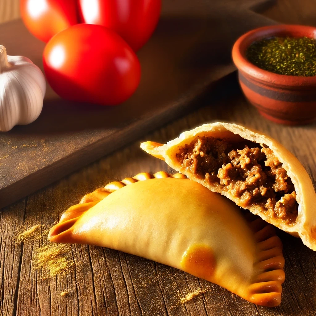 Imagem de uma empanada argentina cortada ao meio, mostrando o recheio de carne moída temperada. Ao fundo, há ingredientes usados na receita, como dentes de alho, tomates inteiros e um pote de molho chimichurri. A cena está ambientada em uma cozinha rústica, destacando a textura dourada e apetitosa da empanada.