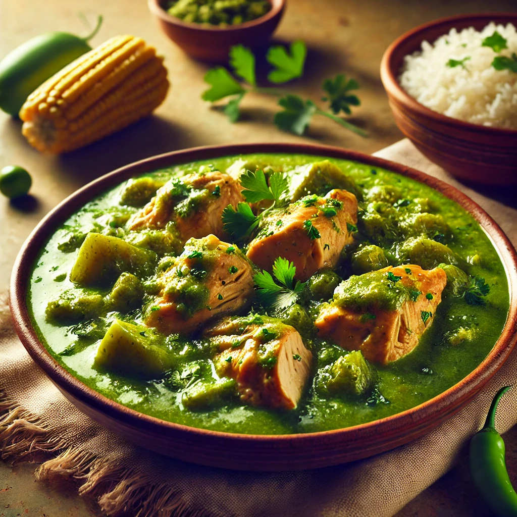 Imagem de um prato de Jocón, uma especialidade guatemalteca. O prato apresenta pedaços de frango tenros cozidos em um molho verde vibrante feito de tomatillos, coentro, salsinha e pimentões verdes. O Jocón é servido em uma tigela rasa, acompanhado de arroz branco e uma espiga de milho ao fundo.