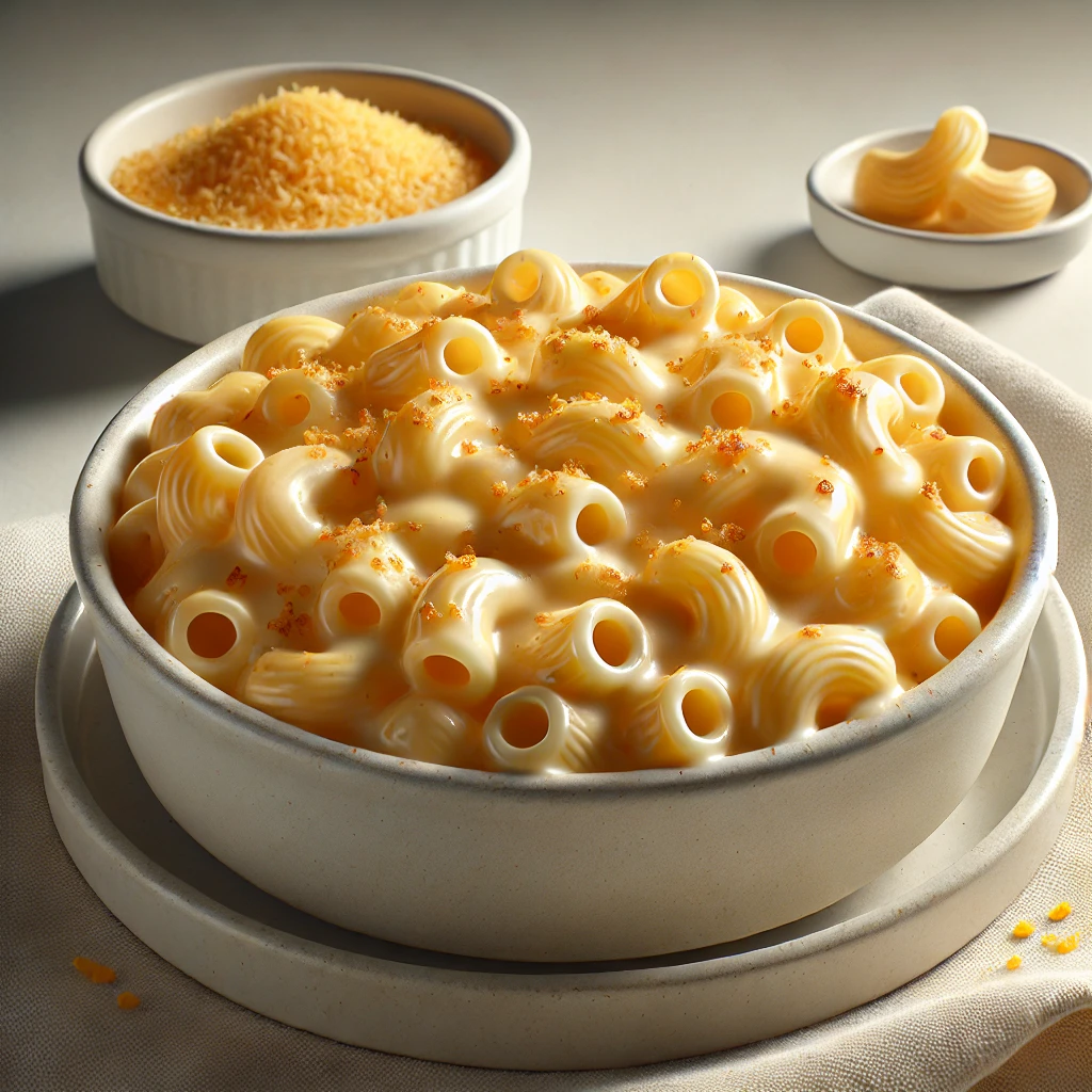 Imagem de um prato de Macaroni and Cheese (Mac 'n' Cheese) servido em uma tigela branca de cerâmica. O prato apresenta macarrão cotovelo coberto por um molho de queijo cremoso, com uma leve crosta dourada no topo e algumas migalhas de pão espalhadas. A iluminação suave destaca a textura cremosa e o tom dourado do queijo, criando uma sensação de conforto e acolhimento.