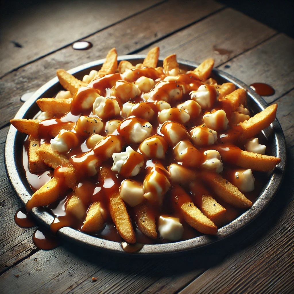 Imagem de um prato tradicional de Poutine canadense, visto de cima, servido em um prato rústico sobre uma mesa de madeira. O Poutine apresenta batatas fritas douradas e crocantes cobertas com coalhada de queijo levemente derretida e um molho marrom espesso. A iluminação suave e difusa cria uma atmosfera acolhedora, destacando as texturas do prato.