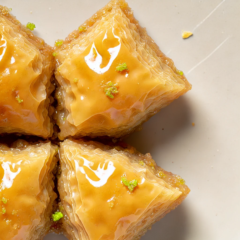 Imagem vista de cima de um tradicional Baklava, cortado em pedaços em formato de diamante. A sobremesa apresenta camadas crocantes de massa filo dourada, recheada com nozes picadas, e uma cobertura brilhante de xarope à base de mel. O fundo é minimalista, com iluminação suave que destaca as texturas e as cores ricas do Baklava, criando uma apresentação convidativa