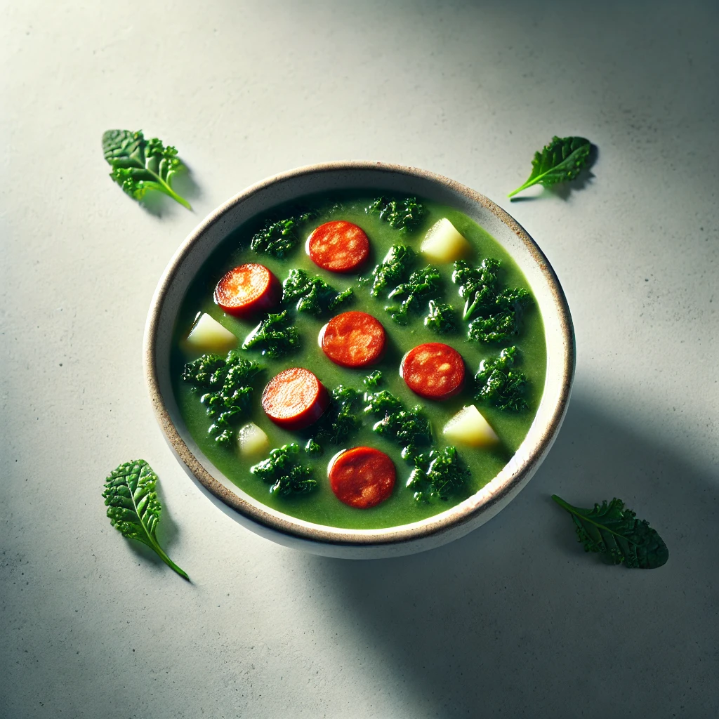 Imagem vista de cima de uma tigela de Caldo Verde, uma sopa tradicional portuguesa. A sopa é servida em uma tigela branca simples, com couve verde finamente fatiada misturada em uma base cremosa de batata, decorada com fatias de chouriço flutuando no topo. O fundo é limpo e minimalista, com iluminação suave que destaca as cores ricas e texturas da sopa, criando uma apresentação acolhedora e convidativa