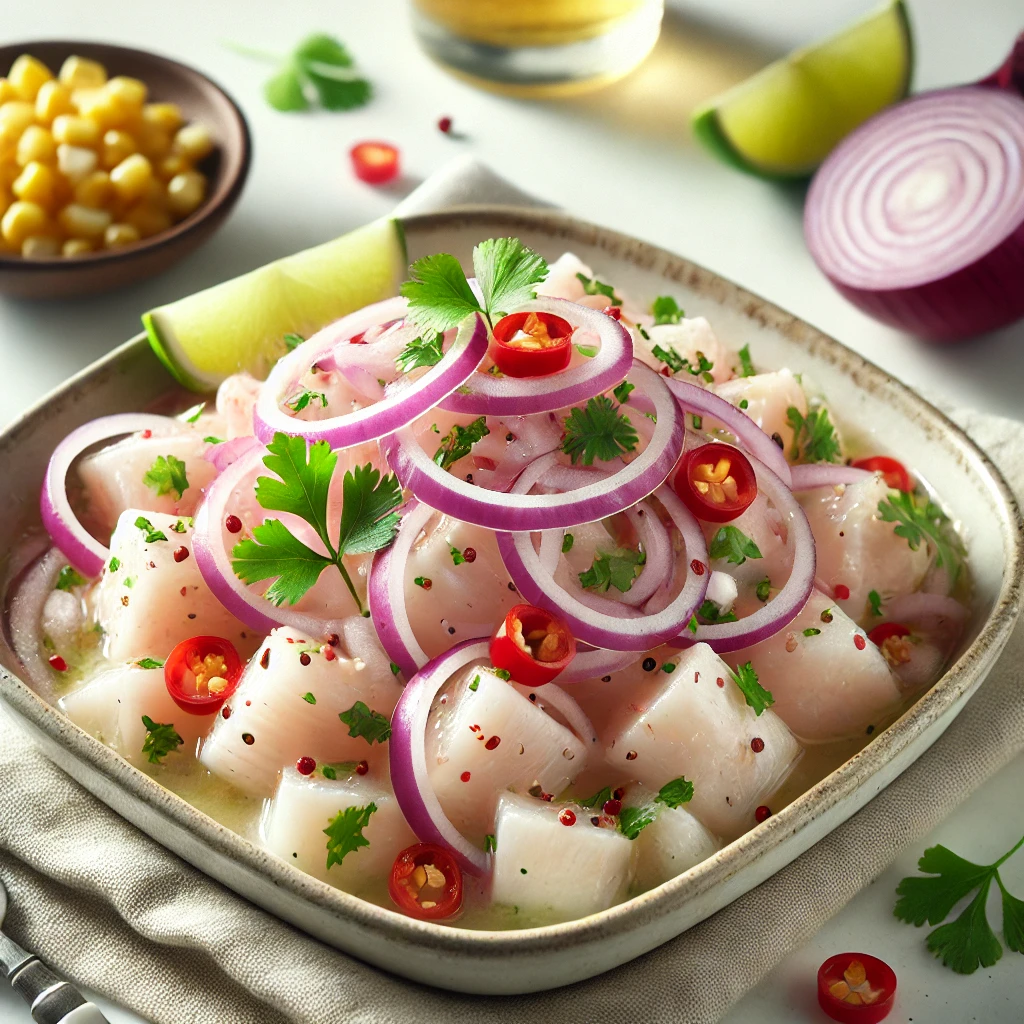 Imagem de um prato de ceviche tradicional. O ceviche é composto por cubos de peixe branco marinados em suco de limão, guarnecidos com fatias finas de cebola roxa, coentro picado e pimenta vermelha em cubos. O prato é servido em uma tigela rasa e elegante, sobre um fundo branco com iluminação suave. Ao lado, há cebolas e grãos de milho, dispostos de forma minimalista e profissional.