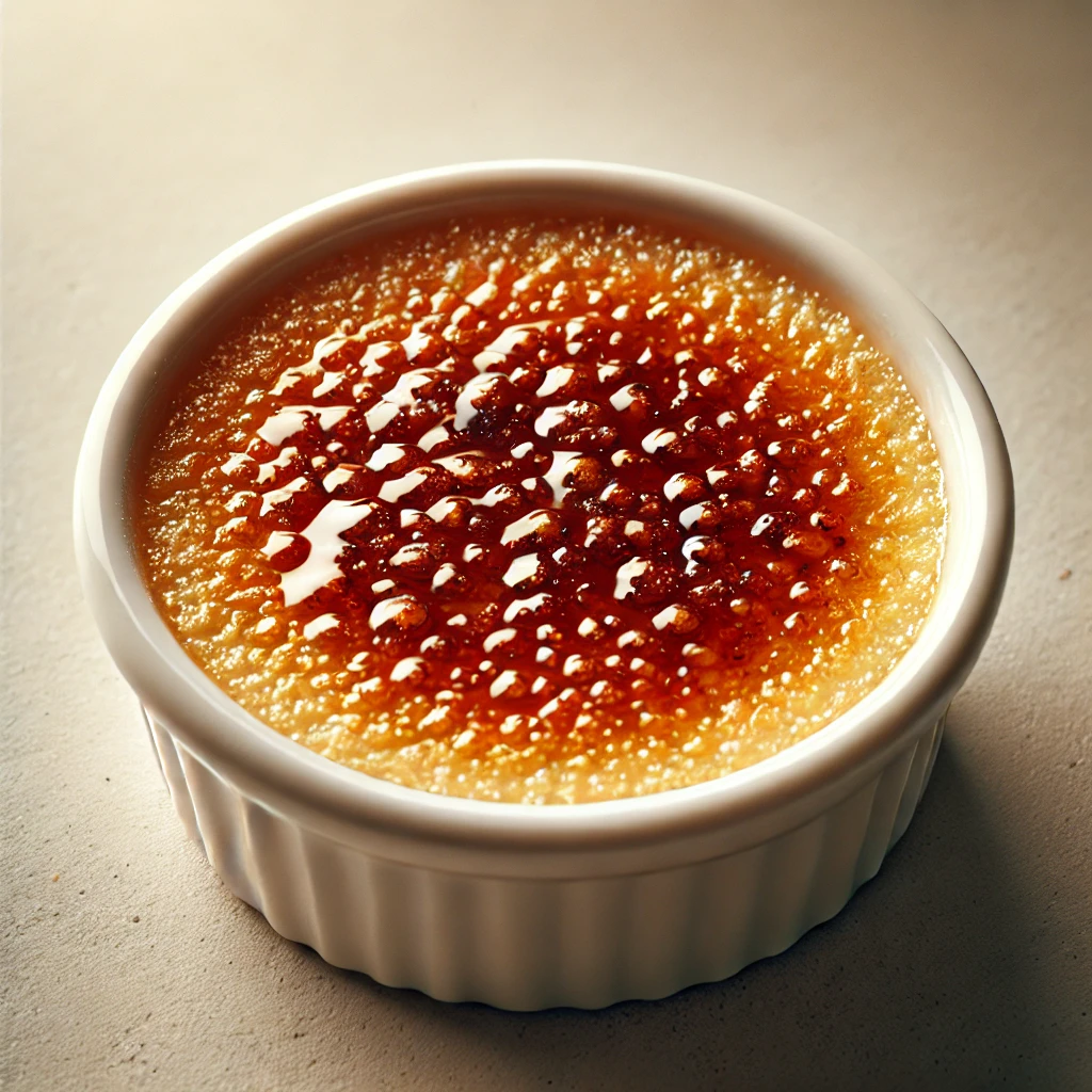 Imagem de uma sobremesa clássica de Crème Brûlée, servida em um pequeno ramekin de cerâmica branca. A superfície é caramelizada, dourada e crocante, com um brilho suave e rachaduras sutis decorrentes da caramelização. O fundo é minimalista, com iluminação suave que destaca a aparência acolhedora e convidativa da sobremesa