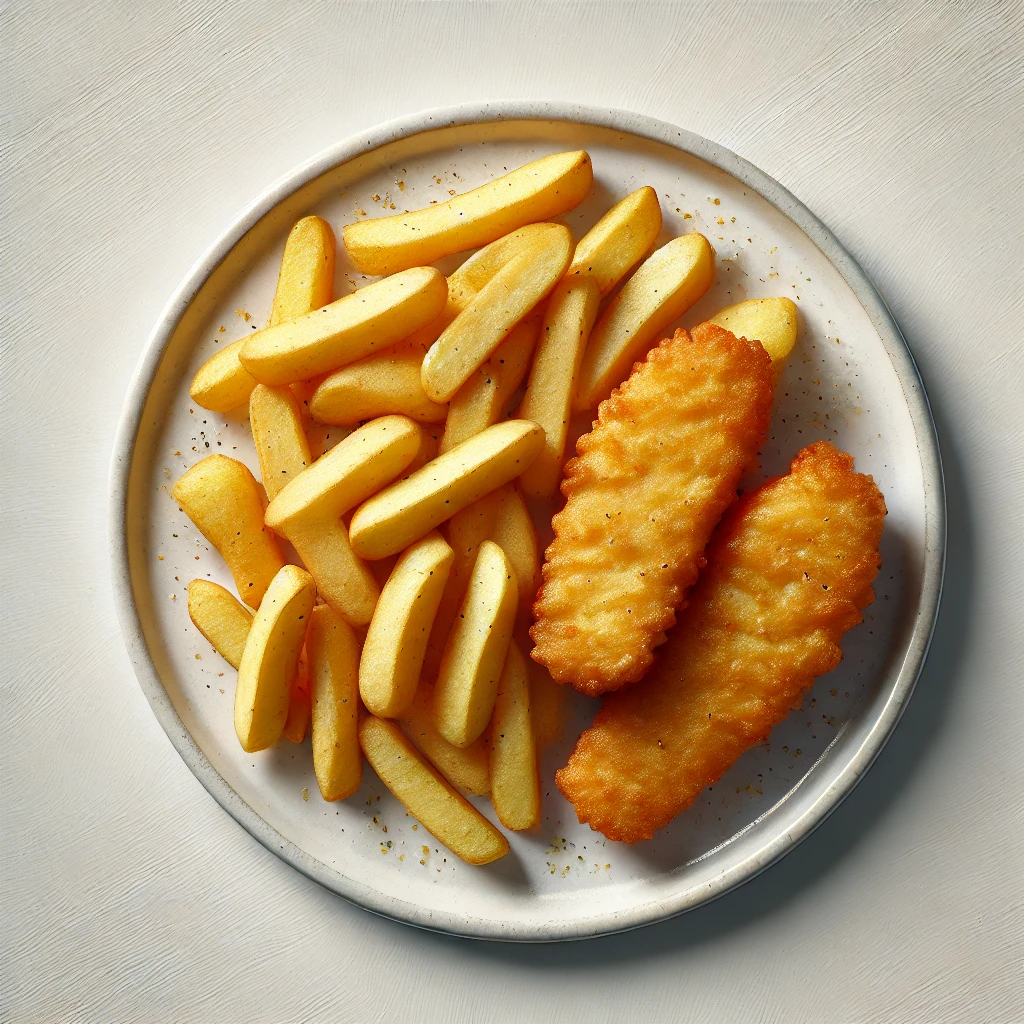 Imagem vista de cima de um prato clássico de Fish and Chips britânico. O prato apresenta filés de peixe empanados e fritos, dourados e crocantes, acompanhados de batatas fritas grossas e bem temperadas, dispostos em um prato branco simples. O fundo é minimalista, com a textura da mesa preenchendo o espaço ao redor do prato, criando uma apresentação coesa e limpa.