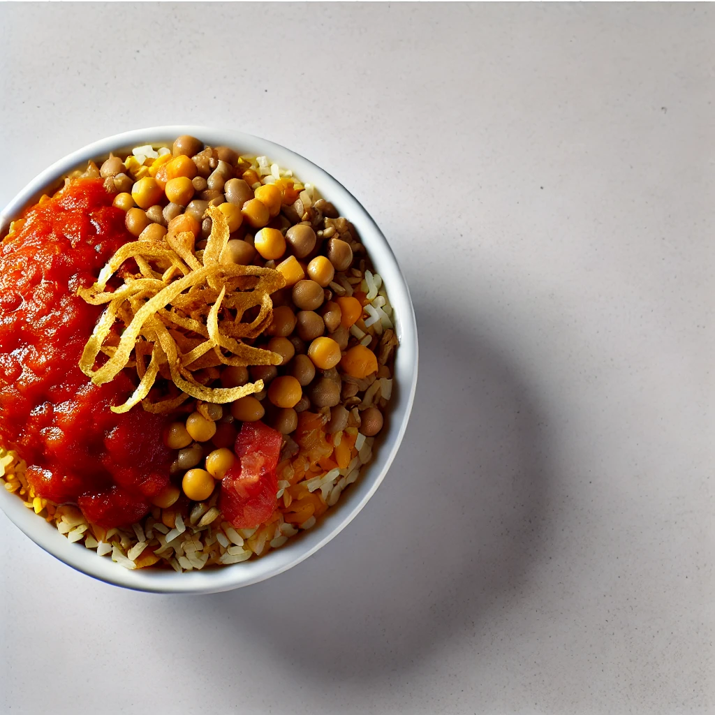 Imagem de um prato tradicional egípcio, Koshari, visto de cima. O prato apresenta camadas de arroz, lentilhas, macarrão e grão-de-bico, cobertas com molho de tomate picante e decoradas com cebolas fritas crocantes. Servido em uma tigela branca simples, a imagem destaca as cores vibrantes e as texturas contrastantes dos ingredientes, com um fundo minimalista e iluminação suave, enfatizando a aparência reconfortante e apetitosa do prato.