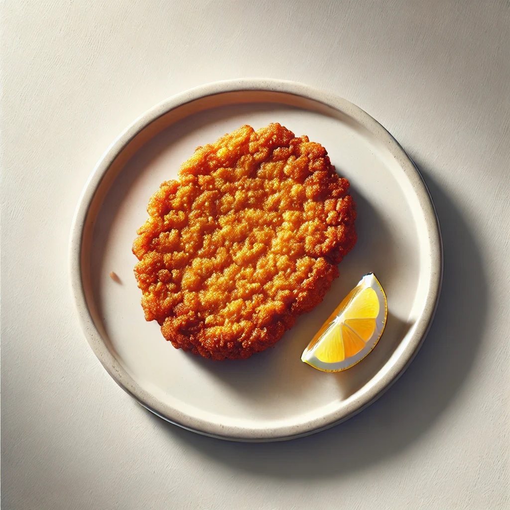 Imagem vista de cima de um prato de Schnitzel clássico. O prato apresenta um corte empanado e frito, com uma crosta dourada e crocante, servido em um prato branco simples. O fundo é minimalista, com iluminação suave que destaca a textura crocante e a cor dourada do Schnitzel