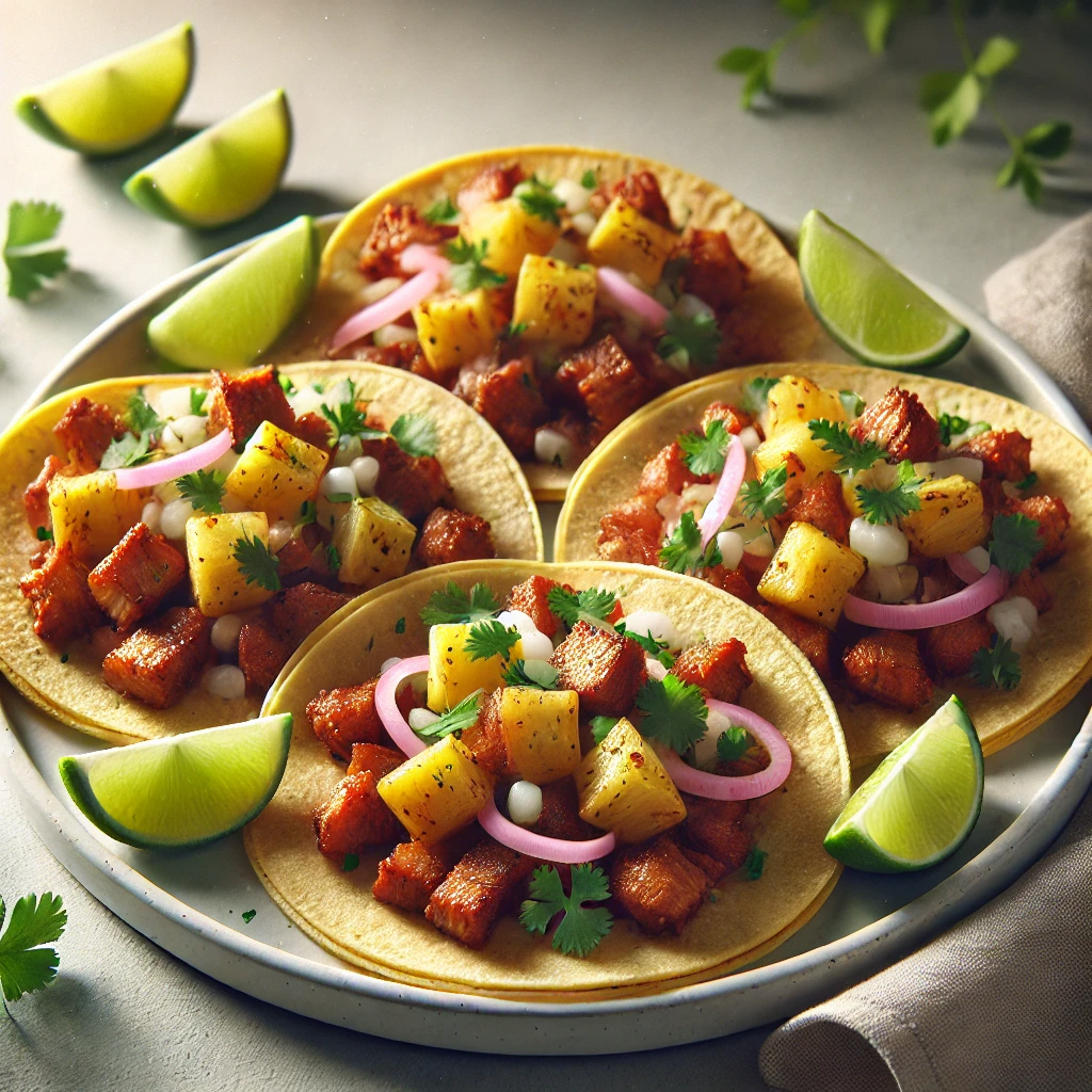 Imagem de Tacos al Pastor. As tortillas de milho estão recheadas com carne de porco marinada, pedaços de abacaxi grelhado, cebola picada e coentro fresco. Os tacos estão arrumados em um prato, acompanhados por fatias de limão, com uma iluminação suave que destaca as cores vibrantes e a textura apetitosa dos ingredientes.