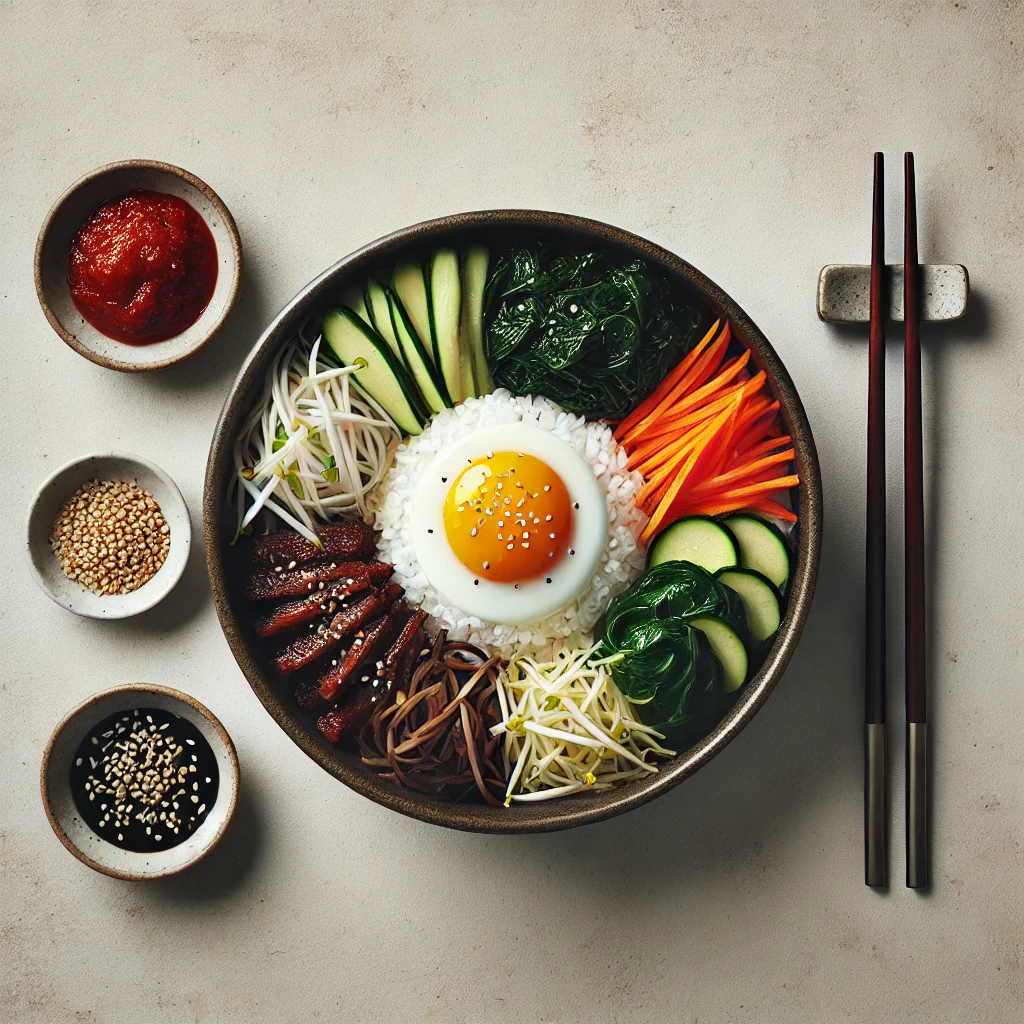 Vista de cima de um prato de Bibimbap coreano. O prato é apresentado em uma tigela simples, com arroz branco no centro cercado por coberturas organizadas de forma colorida: espinafre refogado, cenoura ralada, abobrinha, brotos de feijão e fatias de carne marinada. Um ovo frito com a gema mole está no meio, acompanhado de uma porção de pasta de pimenta vermelha (gochujang). A tigela está sobre um fundo neutro e claro, com um par de hashis ao lado. A apresentação é limpa, simples e apetitosa.