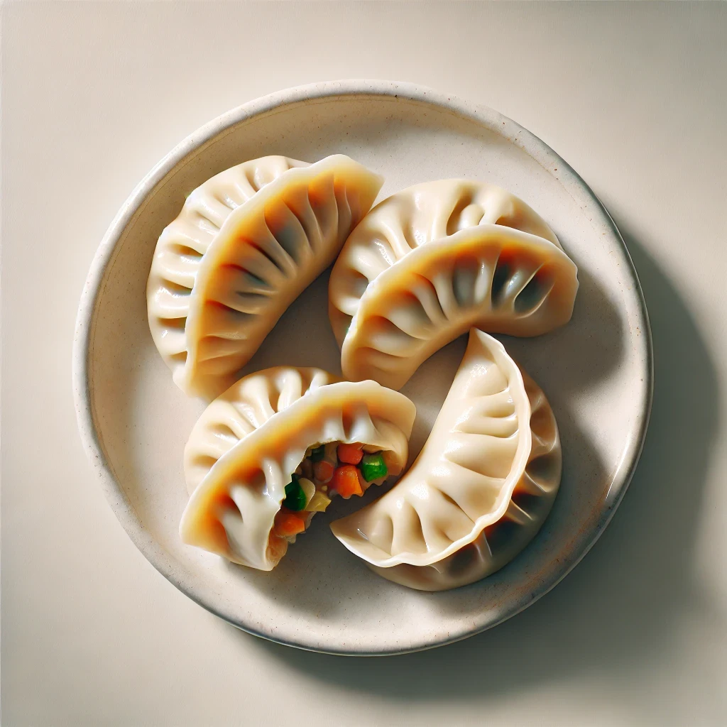 Imagem vista de cima de dumplings chineses (Jiaozi) em um prato branco. Os dumplings têm uma textura mais grossa, com dobras suaves e aparência rústica. Um dos dumplings foi mordido, revelando o recheio de vegetais e carne. A apresentação é limpa e minimalista, com iluminação suave que destaca a aparência caseira e convidativa dos bolinhos.