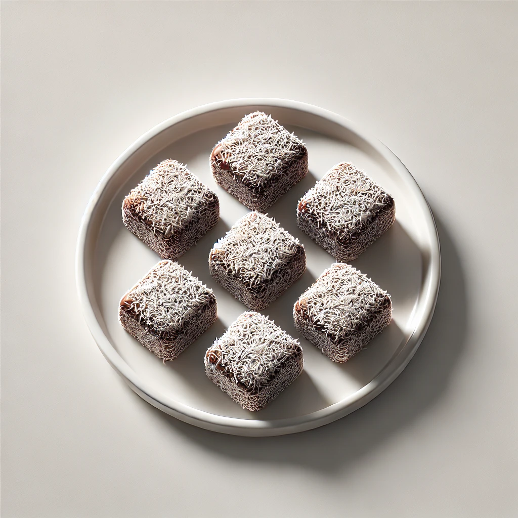 Imagem vista de cima de Lamingtons, sobremesas tradicionais australianas, cortadas em cubos. Os Lamingtons são cobertos com uma camada de chocolate e coco ralado, dispostos em um prato branco simples. A textura do coco e o brilho do chocolate são destacados, criando uma apresentação minimalista e atraente.