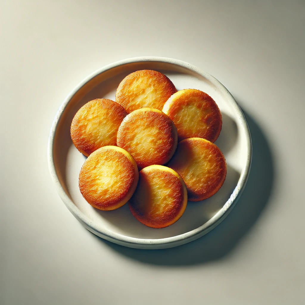 Imagem vista de cima de Llapingachos tradicionais equatorianos. Os bolinhos de batata dourados e recheados com queijo estão dispostos em um prato branco. A textura crocante e os cantos levemente dourados destacam o recheio de queijo derretido em alguns pontos. A apresentação é simples e apetitosa, com iluminação suave que realça a cor dourada e a textura dos bolinhos.