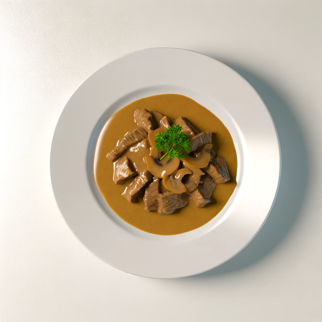 Imagem vista de cima de um prato de Beef Stroganoff servido em um prato branco simples. O prato apresenta tiras de carne tenra em um molho cremoso dourado, com fatias visíveis de cogumelos. A superfície do molho é lisa e brilhante, e o prato é decorado com uma leve pitada de salsa fresca. O fundo é minimalista, com iluminação suave que destaca as cores ricas e as texturas do Beef Stroganoff, criando uma apresentação apetitosa e convidativa.