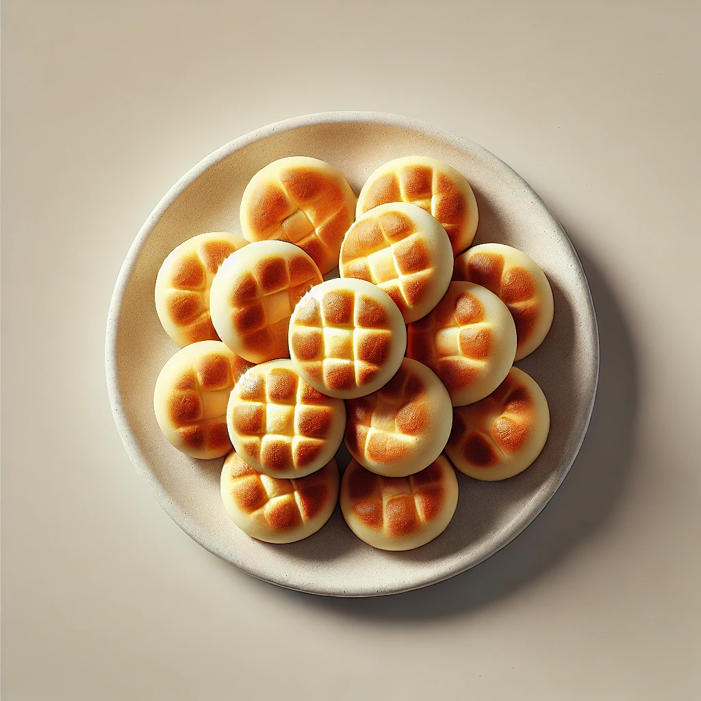 Imagem vista de cima de vários pãezinhos de Chipa, tradicionais do Paraguai, dispostos em um prato branco. Os pães têm uma aparência dourada, ligeiramente crocante, com pequenos pedaços de queijo visíveis na superfície. A apresentação é simples e organizada, com iluminação suave que destaca a textura e a cor dourada dos pãezinhos, tornando-os atraentes e apetitosos