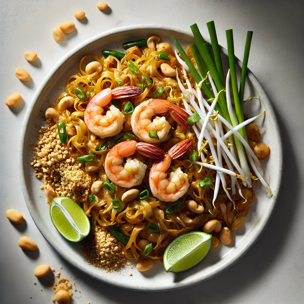 Imagem vista de cima de um prato de Pad Thai tradicional. O prato contém macarrão de arroz frito com camarão, ovos mexidos, broto de feijão e cebolinha, tudo coberto com molho à base de tamarindo e decorado com amendoim triturado. O fundo da mesa é limpo e minimalista, destacando as texturas e cores vibrantes do Pad Thai.