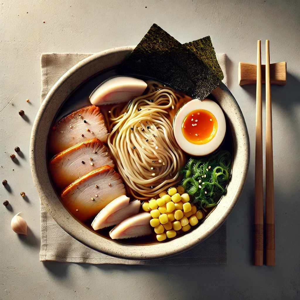 Imagem vista de cima de uma tigela de Ramen tradicional japonês com apenas macarrão em um caldo saboroso. O macarrão está disposto de forma organizada no caldo, sem coberturas adicionais. A tigela é simples, com um fundo minimalista e iluminação suave que destaca as cores e texturas quentes do macarrão, criando uma apresentação convidativa e apetitosa.