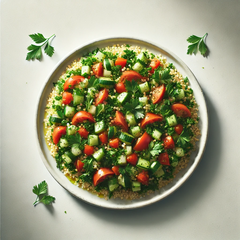 Imagem vista de cima de uma salada de Tabule tradicional. A salada é composta de salsa finamente picada, hortelã, tomates, pepino e trigo bulgur, misturados com suco de limão e azeite de oliva. A salada está organizada em um prato branco, com cores vibrantes de verde, vermelho e amarelo, criando uma apresentação fresca e apetitosa.