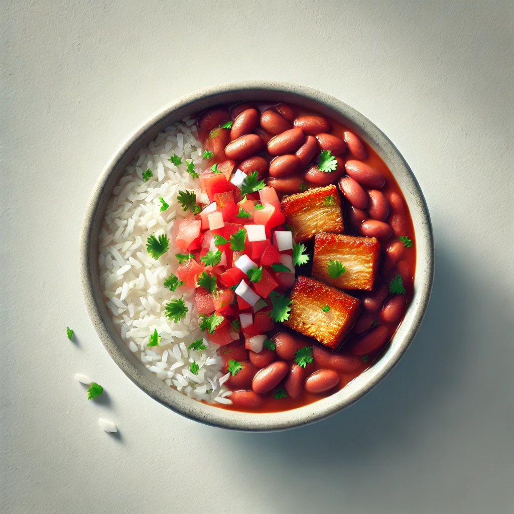 Imagem vista de cima de um prato de Chifrijo, um prato tradicional da Costa Rica. A tigela apresenta camadas de arroz branco, feijão vermelho com um pouco de caldo, pedaços crocantes de carne de porco, e é finalizada com um pico de gallo fresco feito com tomate, cebola e coentro. A apresentação é simples, com as cores vibrantes do pico de gallo contrastando com os outros ingredientes, em um fundo limpo e minimalista.