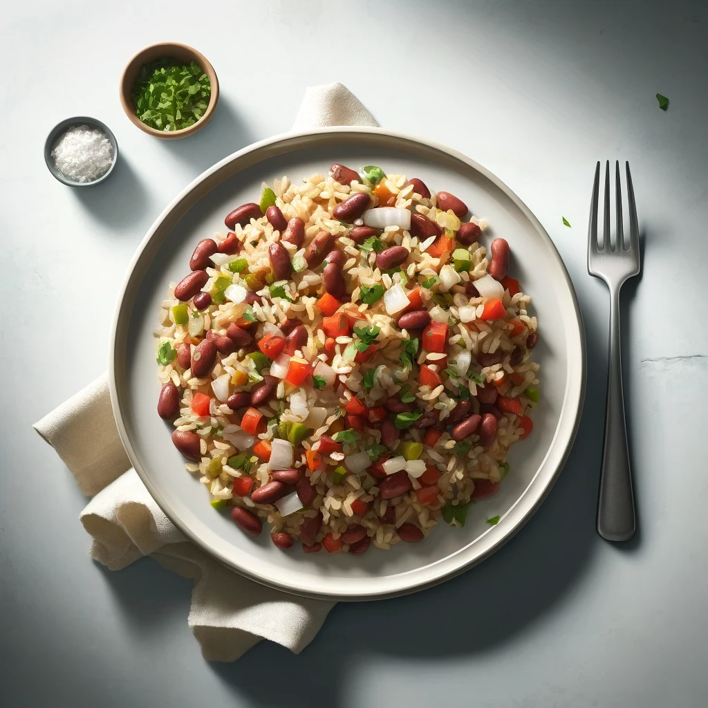 Imagem vista de cima de um prato de Gallo Pinto. O prato apresenta uma mistura de arroz e feijão salteados com cebola, pimentão e alho, sem guarnições adicionais, apenas o arroz e feijão dispostos em um prato branco. A iluminação suave destaca a textura do arroz e feijão, com um fundo simples e limpo, focando na apresentação básica e convidativa do prato.