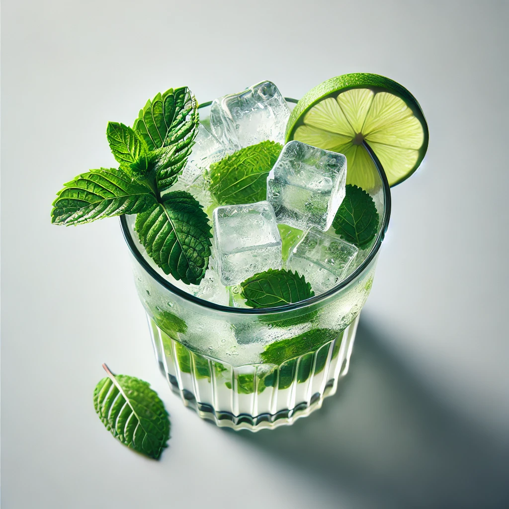 Imagem vista de cima de um coquetel Mojito clássico. O drink está servido em um copo alto, preenchido com gelo triturado, folhas de hortelã frescas e pedaços de limão. Há um raminho de hortelã para decorar e uma fatia de limão na borda do copo. A apresentação é refrescante e vibrante, com um fundo limpo e minimalista, destacando os ingredientes frescos do Mojito.