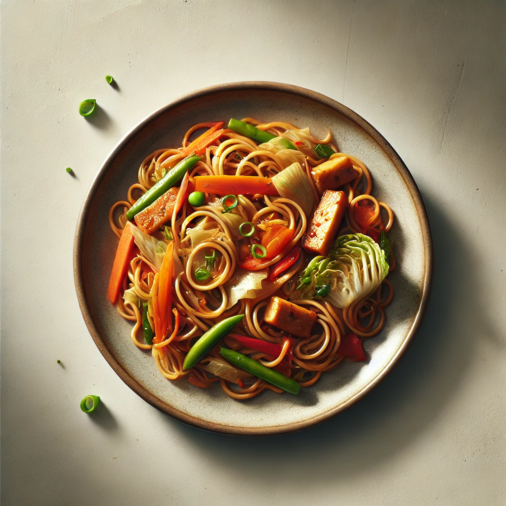 Imagem vista de cima de um prato de Bami Goreng, um prato tradicional indonésio. O macarrão frito está misturado com tiras de frango, pimentão, cenoura e repolho, tudo envolto em um molho à base de soja. O prato é decorado com cebolinha picada, e a apresentação é simples e convidativa, com o fundo branco destacando as cores vibrantes dos ingredientes.