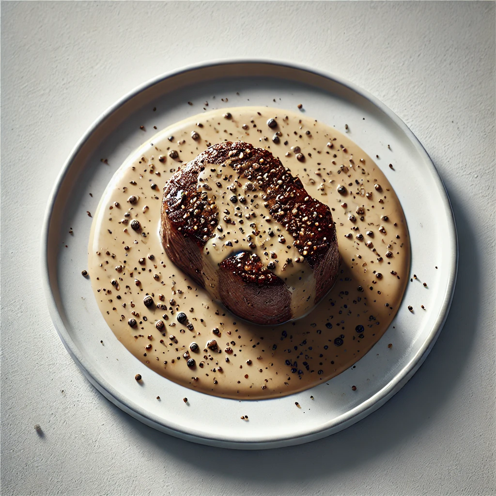 Foto de um prato clássico francês Filet au Poivre, visto de cima. O prato apresenta um filé mignon selado coberto com molho cremoso de pimenta-do-reino, com o molho ao redor do filé, escorrendo levemente sobre o prato branco. A textura e a cor do molho são destacadas, com grãos de pimenta visíveis. O fundo é limpo e minimalista, enfatizando a elegância e a aparência apetitoso do prato.