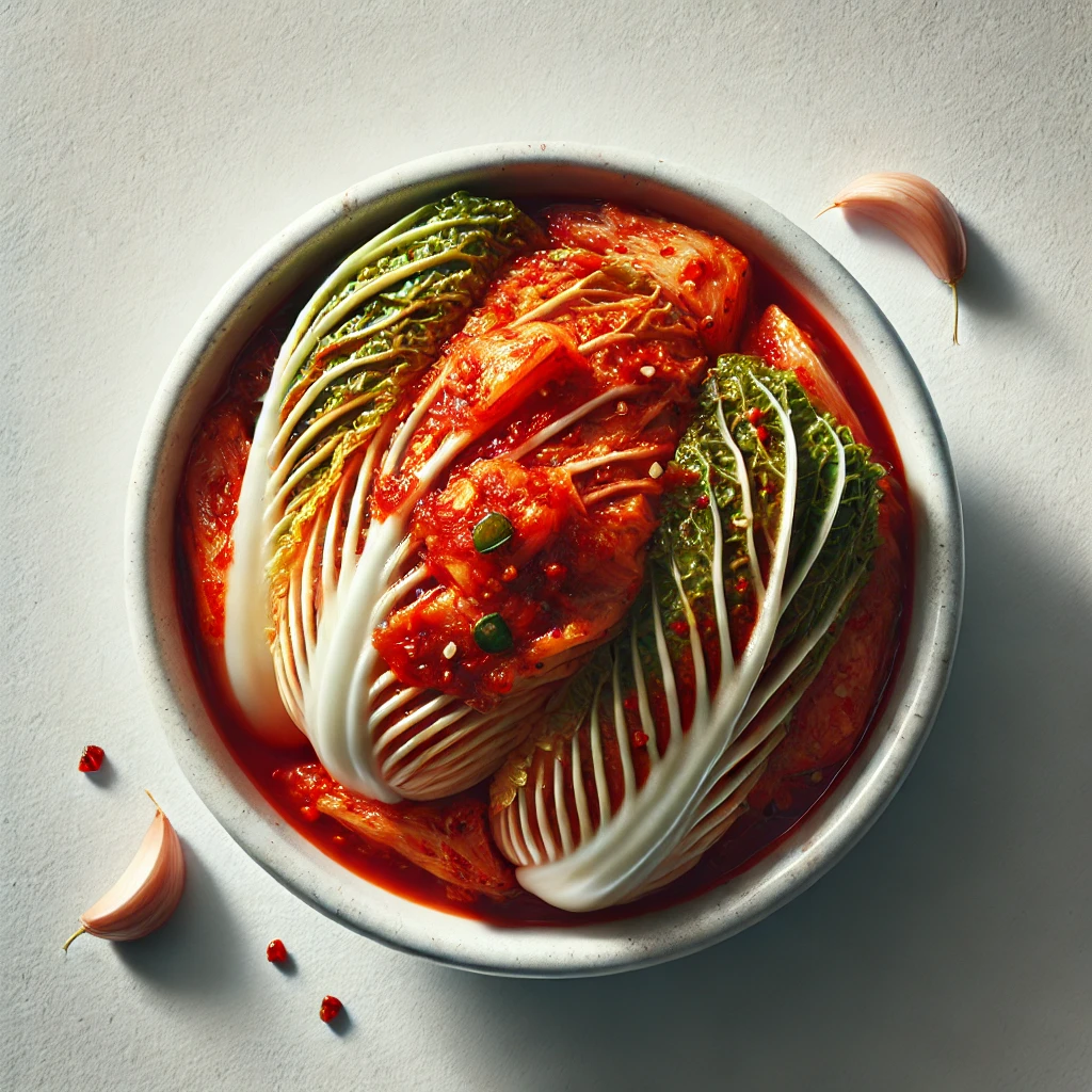 Prato de kimchi coreano visto de cima, com folhas de acelga chinesa cobertas por uma pasta de pimenta vermelha feita com gochugaru, alho e gengibre. O kimchi está disposto em uma tigela branca, exibindo cores vibrantes e textura crocante. O fundo é claro e simples, destacando a aparência fresca e picante do kimchi.