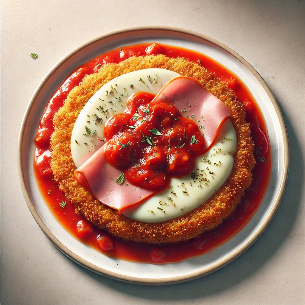 Imagem vista de cima de uma Milanesa a la Napolitana. O prato apresenta um bife à milanesa coberto com molho de tomate, uma fatia de presunto e queijo mussarela derretido, finalizado com uma pitada de orégano. A apresentação é simples, com a milanesa disposta em um prato branco, destacando a crocância da carne empanada e o queijo dourado e derretido.