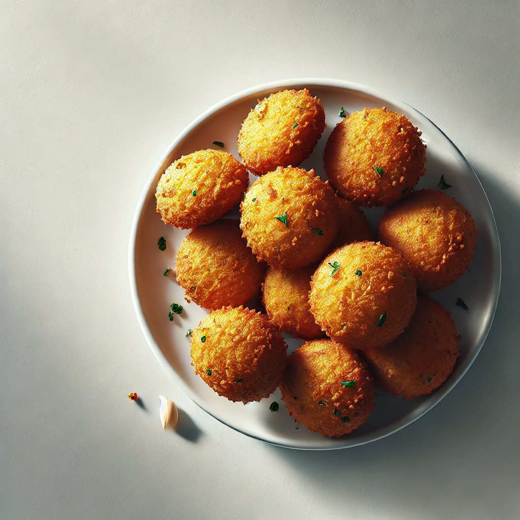 Foto vista de cima de bolinhos caribenhos de bacalhau (Saltfish fritters) dourados e crocantes, dispostos em um prato branco. Os bolinhos têm uma superfície texturizada e crocante, com ervas visíveis. A iluminação suave destaca a cor dourada dos bolinhos, enquanto o fundo permanece simples, focando a atenção na comida.