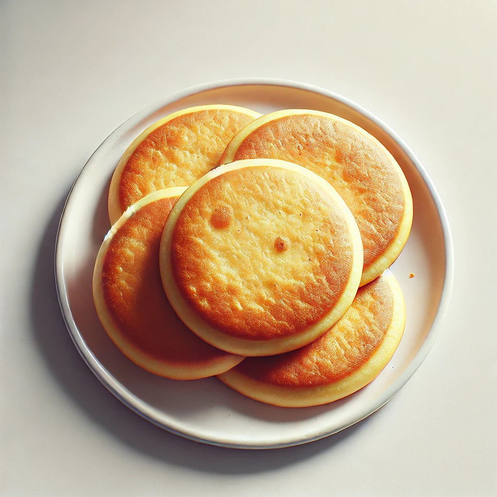 Imagem vista de cima de Tortas Frita uruguaias dispostas em um prato branco. As tortas apresentam uma textura dourada e levemente crocante, com um pequeno corte no centro para evitar que inchem durante a fritura. A apresentação é simples, destacando a cor dourada e a superfície suave das tortas, criando um visual apetitoso.